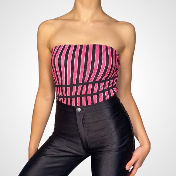 agaci-too Tops - Y2k Pink and Black Striped A-Line Tube Top